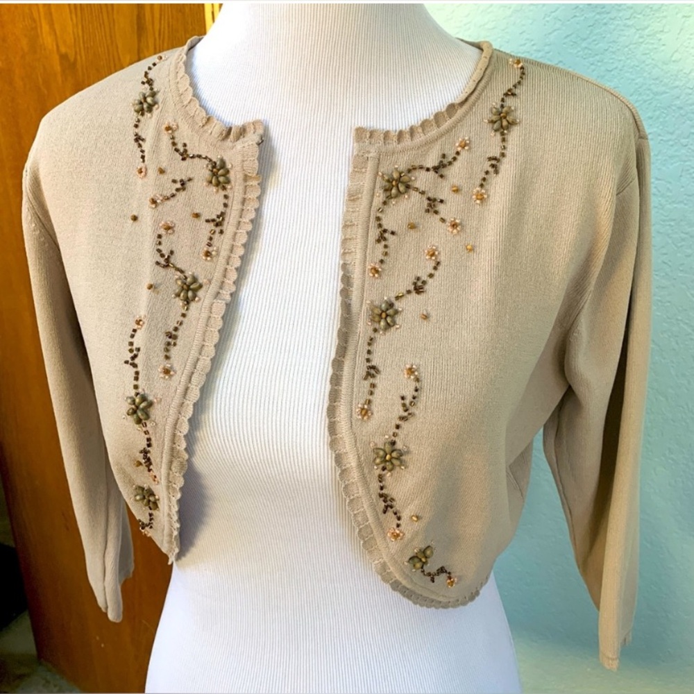 Sandra Darren Beaded Cropped Open Sweater